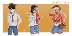 Size: 2400x1200 | Tagged: safe, artist:tao-tg, applejack, human, equestria girls, g4, apple, applejack's hat, basket, clothes, cowboy hat, element of honesty, female, flannel, food, hat, jewelry, male, mouth hold, necklace, transformation, transformation sequence, transforming clothes, transgender transformation