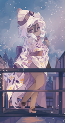 Size: 3200x6026 | Tagged: safe, artist:saxopi, oc, oc only, oc:jinx kurai, kirin, semi-anthro, arm hooves, beanie, bridge, clothes, cloven hooves, eyeshadow, female, hat, horn, kimono (clothing), kirin oc, looking at you, makeup, mare, scales, shoes, snow