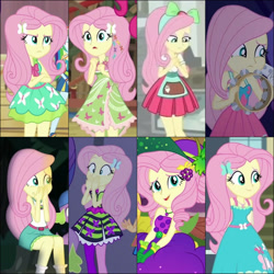 Size: 1280x1280 | Tagged: safe, artist:frankcrazy16, edit, edited screencap, screencap, fluttershy, human, equestria girls, equestria girls specials, g4, my little pony equestria girls: friendship games, my little pony equestria girls: holidays unwrapped, my little pony equestria girls: legend of everfree, my little pony equestria girls: rainbow rocks, o come all ye squashful, camp everfree outfits, collage, cornucopia costumes, crossed arms, female, fluttershy boho dress, musical instrument, tambourine