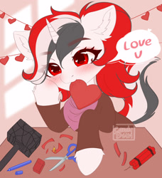 Size: 2733x3000 | Tagged: safe, artist:candybun, oc, oc:red rocket, unicorn, fallout equestria, commission, dynamite, explosives, female, fire, hammer, heart, hearts and hooves day, holiday, horn, lighter, mare, paper, pencil, signature, unicorn oc