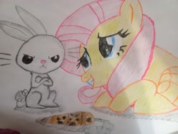 Size: 4096x3072 | Tagged: safe, artist:victoric1993, angel bunny, fluttershy, pegasus, pony, dragonshy, g4, my little pony: friendship is magic, carrot, crossed arms, dirty, female, food, high res, mare, simple background, traditional art, unamused, vegetables, white background