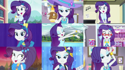 Size: 1280x720 | Tagged: safe, edit, edited screencap, editor:totaldramaguy95, screencap, rarity, human, camping must-haves, do it for the ponygram!, equestria girls, g4, my little pony equestria girls, my little pony equestria girls: better together, my little pony equestria girls: legend of everfree, camp everfree outfits, collage, female, glasses, hat, lotion, music festival outfit, rarity's glasses, sun hat