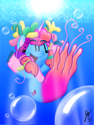 Size: 1620x2160 | Tagged: safe, artist:jesslmc16, idw, misty brightdawn, sea pony, seapony (g4), unicorn, enchantment under the sea, g5, my little pony: set your sail, my little pony: tell your tale, alternate hairstyle, bubble, cute, eyes closed, female, fish tail, flowing mane, flowing tail, horn, ocean, rebirth misty, seaponified, seapony misty brightdawn, smiling, solo, species swap, swimming, tail, underwater, unshorn fetlocks, water