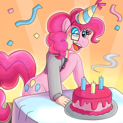 Size: 1200x1200 | Tagged: safe, artist:icefire, pinkie pie, earth pony, human, pony, g4, birthday cake, cake, confetti, excited, food, hat, human to pony, hypno eyes, indoors, mid-transformation, party hat, table, transformation