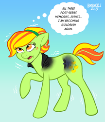 Size: 893x1035 | Tagged: safe, artist:hornbuckle, oc, oc only, oc:goldrush, earth pony, pony, disappearing clothes, emanata, female, gradient background, human to pony, male to female, mare, open mouth, rule 63, shivering, sweat, sweatdrops, thought bubble, transformation, transformation sequence, transgender transformation