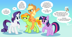 Size: 1975x1035 | Tagged: safe, artist:hornbuckle, applejack, discord, rarity, twilight sparkle, oc, oc:goldrush, alicorn, draconequus, earth pony, pony, unicorn, g4, blue background, dialogue, fake smile, female, gradient background, grin, horn, human to pony, male to female, mare, open mouth, open smile, ponies riding ponies, post-transformation, raised hoof, riding, riding a pony, rule 63, smiling, speech bubble, transformation, transformation sequence, transgender transformation, twilight sparkle (alicorn)