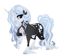 Size: 4218x3717 | Tagged: safe, artist:gigason, oc, oc only, oc:fantasm fatale, pony, unicorn, g4, adoptable, adult blank flank, bald face, black coat, blank flank, blaze (coat marking), blue eyes, blue hooves, blue mane, blue pupils, blue tail, coat markings, colored, colored belly, colored eyebrows, colored head, colored hooves, colored horn, colored pinnae, colored pupils, curved horn, eye markings, eyebrows, eyebrows visible through hair, eyelashes, facial markings, female, female oc, fetlock tuft, flat colors, gradient coat, gradient hooves, gradient mane, gradient tail, high res, hooves, horn, lidded eyes, long feather, long fetlocks, long mane, long tail, looking back, mare, mare oc, offspring, pale belly, parent:rarity, parent:thunderlane, parents:rarilane, raised hoof, simple background, smiling, solo, spots, standing, standing on three hooves, striped horn, striped mane, striped tail, tail, thick eyelashes, three quarter view, transparent background, two toned mane, two toned tail, unicorn horn, unicorn oc, wavy mane, wavy tail