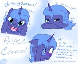 Size: 850x700 | Tagged: source needed, safe, artist:bb, princess luna, alicorn, pony, g4, alternate name, blushing, flustered, male, prince artemis, rule 63, stallion, text