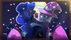 Size: 1920x1080 | Tagged: safe, artist:hierozaki, princess luna, trixie, twilight sparkle, alicorn, pony, unicorn, my little pony the movie - shattered harmony, g4, duo, duo female, female, full moon, grammar error, hooves, horn, looking at each other, looking at someone, mare, moon, night, offscreen character, smiling, smiling at each other, wish you were here