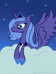 Size: 750x1000 | Tagged: safe, artist:reuration, princess luna, alicorn, pony, g4, cloud, night, on a cloud, outdoors, s1 luna, sky, slender, solo, stars, thin