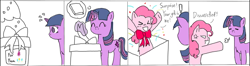 Size: 1156x303 | Tagged: safe, artist:阿丹a-d, pinkie pie, twilight sparkle, earth pony, unicorn, g4, bowtie, christmas, christmas tree, comic, duo, duo male and female, female, holiday, male, present, red bow, simple background, surprised, tree, unicorn twilight, white background