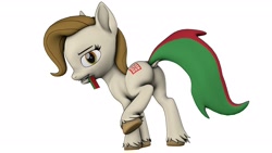 Size: 1920x1080 | Tagged: safe, artist:franzu5ik, oc, oc only, oc:belarus, earth pony, pony, 3d, ass up, butt, dock, featureless crotch, female, flag, gritted teeth, looking at camera, mare, mouth hold, plot, raised hoof, raised tail, simple background, solo, source filmmaker, tail, teeth, white background