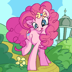 Size: 526x526 | Tagged: safe, artist:muffinz, pinkie pie, earth pony, pony, g4, bow, cute, diapinkes, female, filly, filly pinkie pie, flower, gazebo, hair bow, happy, outdoors, pixel-crisp art, smiling, solo, tongue out, younger