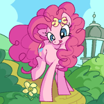 Size: 526x526 | Tagged: safe, artist:muffinz, pinkie pie, earth pony, pony, g4, bow, cute, diapinkes, female, filly, filly pinkie pie, flower, gazebo, hair bow, happy, outdoors, smiling, solo, tongue out, younger