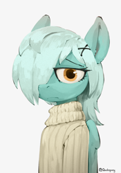 Size: 2086x2982 | Tagged: safe, artist:quotepony, oc, oc only, oc:ellipsis, pegasus, pony, :c, clothes, frown, hair over one eye, hair tie, looking at you, simple background, solo, standing, sweater, white background