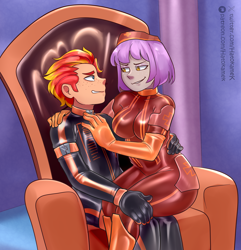 Size: 4788x4961 | Tagged: safe, artist:hatokamek, oc, oc only, oc:fireheart(fire), oc:nurse lavender blossom, human, equestria girls, g4, alternate universe, clothes, couple, cute, female, fireheart76's latex suit design, gloves, humanized, humanized oc, indoors, latex, latex boots, latex gloves, latex suit, male, prisoners of the moon, rubber, rubber boots, rubber gloves, rubber suit, sitting on lap, sitting on person, straight