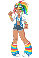 Size: 1600x2400 | Tagged: safe, artist:annazeee, kotobukiya, rainbow dash, human, g4, band-aid, belly, belly button, clothes, female, humanized, kotobukiya rainbow dash, pointing at self, simple background, solo, transparent background