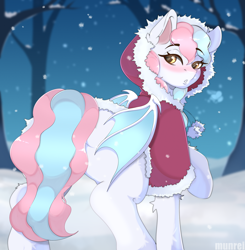 Size: 2088x2133 | Tagged: safe, artist:munrei, oc, oc:sweet taffy, bat pony, pony, bat wings, blushing, clothes, commission, female, hood, looking back, mare, outdoors, raised hoof, snow, snowfall, wings, winter, ych result