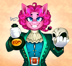 Size: 2795x2557 | Tagged: safe, artist:buvanybu, pinkie pie, earth pony, anthro, g4, alcohol, bottle, crossover, dr. livesey, female, meme, ponified meme, rum, signature, skull, solo, treasure island