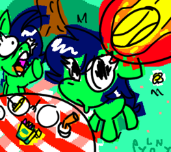 Size: 1440x1276 | Tagged: safe, artist:pylony, oc, oc:filly anon, ball, crayola, crayon, female, filly, fire, flower, foal, fork, picnic, pixelated, plate, screaming, table, tree