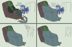 Size: 3159x2069 | Tagged: safe, artist:otl crafts, artist:overthelulamoon, oc, oc only, oc:anon, human, pony, unicorn, armchair, blanket, chair, clothes, comic, dialogue, door, doorway, horn, not izzy moonbow, sleeping, smiling, smirk, speech bubble, yonkoma