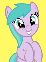 Size: 266x355 | Tagged: safe, artist:maddiewondermanforever36, artist:rain-approves, aura (g4), earth pony, pony, a friend in deed, g4, my little pony: friendship is magic, season 2, aurabetes, base used, cute, female, grin, hooves, mare, older, older aura (g4), simple background, smile song, smiling, solo, yellow background