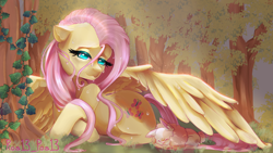 Size: 5500x3100 | Tagged: safe, artist:ros13pos13, fluttershy, pegasus, pony, rabbit, g4, animal, crossed hooves, female, floppy ears, forest, lidded eyes, lying down, mare, nature, outdoors, partially open wings, prone, smiling, solo, tree, wing shelter, wing umbrella, wings