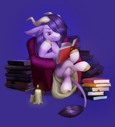 Size: 2975x3295 | Tagged: safe, artist:khvorost162, oc, oc only, hybrid, original species, pony, book, candle, couch, reading, sitting, solo, trade