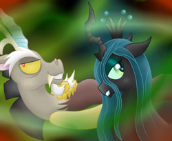 Size: 1828x1500 | Tagged: safe, artist:pikashoe90, discord, queen chrysalis, changeling, changeling queen, draconequus, g4, 2012, duo, duo male and female, female, male, old art