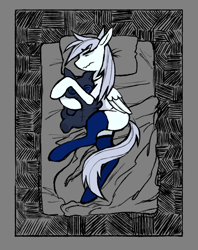 Size: 972x1230 | Tagged: safe, artist:unicornlobotomy, oc, oc only, oc:icy (unicornlobotomy), pegasus, pony, g4, bed, blue socks, clothes, eyes closed, folded wings, frown, gray mane, gray tail, grey hair, passepartout, pegasus oc, pillow, plushie, shirt, sleeping, socks, thigh highs, white shirt, wings