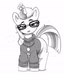 Size: 2758x3217 | Tagged: safe, artist:pabbley, moondancer, pony, unicorn, g4, clothes, female, glasses, horn, monochrome, open mouth, simple background, sleepy, solo, squint, sweat, tired, white background