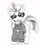 Size: 2758x3217 | Tagged: safe, artist:pabbley, moondancer, pony, unicorn, g4, clothes, female, glasses, horn, monochrome, open mouth, simple background, sleepy, solo, squint, sweat, tired, white background