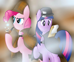 Size: 2600x2200 | Tagged: safe, artist:pikashoe90, pinkie pie, twilight sparkle, unicorn, g4, mmmystery on the friendship express, my little pony: friendship is magic, 2012, bowler hat, bubble pipe, deerstalker, detective, duo, duo female, female, hat, old art, pipe, sherlock holmes, sherlock pie, unicorn twilight, watson