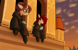 Size: 2400x1536 | Tagged: safe, artist:sleepyhoers, oc, oc only, oc:candlelight, oc:isadora inkwell, earth pony, pegasus, pony, bags under eyes, building, clock tower, clothes, cloud, earth pony oc, eyeshadow, female, food, freckles, glasses, hood, ice cream, kingdom hearts, makeup, male, mare, organization xiii, outdoors, pegasus oc, sea salt ice cream, sitting, smiling, stallion, sunset, tree, twilight town