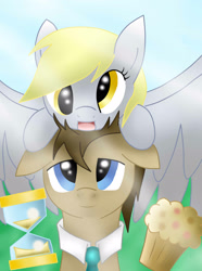 Size: 1932x2592 | Tagged: safe, artist:pikashoe90, derpy hooves, doctor whooves, time turner, earth pony, pegasus, pony, g4, 2012, duo, duo male and female, female, food, hourglass, male, muffin, old art, shipping, straight, wings