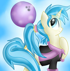 Size: 1904x1944 | Tagged: safe, artist:pikashoe90, allie way, pony, unicorn, g4, 2012, bowling, bowling ball, female, horn, old art, ponytail, solo