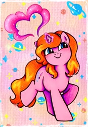 Size: 2169x3111 | Tagged: safe, artist:dariarchangel, oc, oc only, oc:dazha, pony, unicorn, g4, adorable face, blue eyes, blushing, c:, cute, cute face, cute smile, daaaaaaaaaaaw, female, female oc, glowing, glowing horn, hairband, happy, hnnng, horn, magic, magic aura, mare, mare oc, ocbetes, orange hair, orange mane, orange tail, passepartout, patterned background, pink coat, planet, pony oc, raised hoof, small horn, smiling, solo, sparkles, standing, standing on two hooves, tail, traditional art, unicorn oc, weapons-grade cute