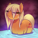 Size: 1000x1000 | Tagged: safe, artist:thebatfang, applejack, earth pony, pony, g4, :o, bathing, eye clipping through hair, eyelashes, eyes closed, freckles, missing accessory, open mouth, partially submerged, rain, relaxing, solo, standing in water, stupid sexy applejack, water, wet, wet mane, wet mane applejack