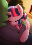 Size: 2860x4000 | Tagged: safe, artist:thebatfang, twilight sparkle, oc, oc:anon, human, pony, unicorn, g4, christmas, christmas tree, clothes, cute, depth of field, duo, duo male and female, eyes closed, female, fireplace, high res, holiday, horn, hug, human on pony snuggling, indoors, male, mare, over shoulder, ponerpics import, rug, sitting, smiling, snuggling, sweater, sweet dreams fuel, tree, twiabetes, unicorn twilight