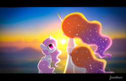 Size: 5633x3622 | Tagged: safe, artist:jaanhavi, princess celestia, oc, oc:queen galaxia, alicorn, pony, g4, cewestia, female, filly, horn, mother and child, mother and daughter, sunrise, younger