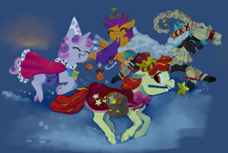 Size: 1275x859 | Tagged: safe, artist:spectralunicorn, apple bloom, scootaloo, sweetie belle, oc, oc:nyx, alicorn, earth pony, pegasus, pony, unicorn, g4, alicorn oc, cutie mark crusaders, group, horn, quartet, wings