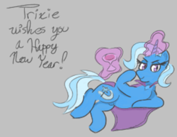 Size: 769x595 | Tagged: safe, artist:otl crafts, derpibooru exclusive, trixie, pony, unicorn, g4, alcohol, boop, cape, clothes, dialogue, happy new year, holiday, horn, looking at you, lying down, self-boop, solo, trixie's cape, wine