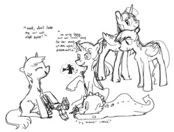 Size: 2006x1519 | Tagged: safe, artist:spectralunicorn, derpy hooves, dinky hooves, spike, twilight sparkle, oc, oc:nyx, alicorn, dragon, pegasus, pony, unicorn, g4, alicorn oc, black and white, female, grayscale, group, horn, lesbian, monochrome, quintet, ship:twerpy, shipping, simple background, twilight sparkle (alicorn), white background, wings