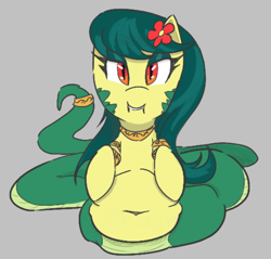 Size: 666x638 | Tagged: safe, artist:otl crafts, oc, oc only, oc:silia, lamia, original species, pony, snake, belly, belly button, chubby, fangs, flower, flower in hair, jewelry, looking at you, scales, slit pupils, smiling, smiling at you, solo