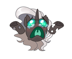 Size: 700x577 | Tagged: artist needed, safe, oc, oc only, oc:kitu elder, changeling, changeling queen, bust, changeling oc, crying, ears, emote, emotes, female, gray coat, horn, meme, portrait, simple background, solo, teal eyes, transparent background, white mane