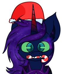 Size: 2000x2000 | Tagged: safe, artist:nhale, oc, oc only, oc:prince jules, alicorn, pony, candy, candy cane, christmas, commission, dark blue coat, ethereal mane, fangs, food, galaxy mane, green eyes, holiday, horn, princess, sharp teeth, simple background, solo, teeth, transparent background