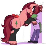 Size: 822x822 | Tagged: source needed, safe, artist:thebatfang, oc, oc only, oc:anon, oc:red woods, earth pony, human, pony, anonymous, bedroom eyes, big mare, big pony, blushing, bow, clothes, cracked wall, duo, ear piercing, earring, female, freckles, height difference, hockless socks, horse sized pony, jewelry, larger female, male, mare, open mouth, piercing, size difference, smaller male, sock, socks, tail, tail bow, unshorn fetlocks