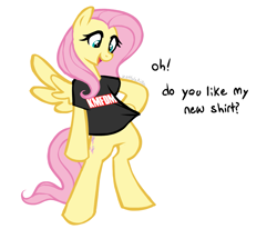 Size: 1323x1091 | Tagged: safe, artist:zeffdakilla, fluttershy, pegasus, pony, g4, bipedal, clothes, kmfdm, shirt, simple background, smiling, solo, standing, talking, text, tugging on shirt, white background