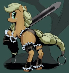 Size: 2918x3081 | Tagged: safe, artist:_ton618_, applejack, earth pony, pony, g4, applebutt, braid, braided tail, butt, butt freckles, female, freckles, greatsword, high res, large butt, looking at you, looking back, looking back at you, mare, missing cutie mark, plot, rear view, rearing, solo, sword, tail, viking, weapon