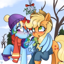 Size: 1280x1280 | Tagged: safe, artist:galaxy swirl, applejack, rainbow dash, earth pony, pegasus, pony, g4, my little pony best gift ever, my little pony: friendship is magic, applejack's hat, blushing, clothes, cowboy hat, duo, duo female, eye clipping through hair, female, freckles, hat, hug, imminent kissing, lesbian, looking down, looking up, mare, mistletoe, music notes, open mouth, outdoors, raised hoof, scarf, ship:appledash, shipping, snow, tree, winghug, wings, winter